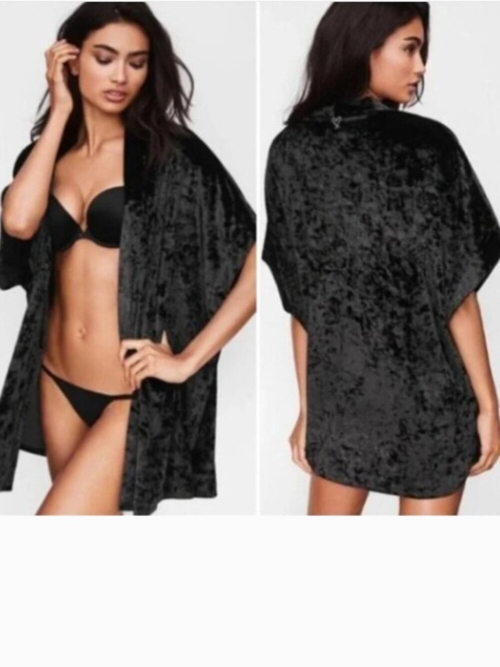Victoria's Secret Black Crushed Velvet Kimono New Embroidered Heart XS/S